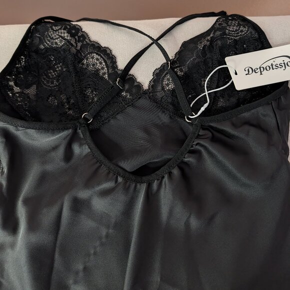 Black Satin Lace Mini Nightgown Ruched Sides Single Strap Chemise - Picture 8 of 11